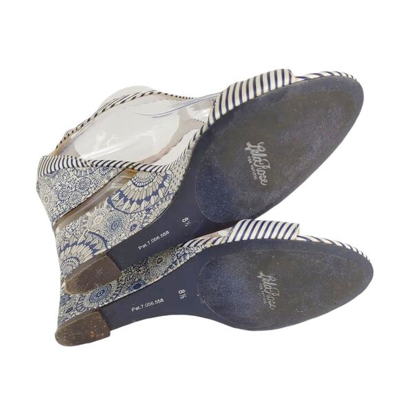 Y2K Lela Rose Women's 8.5 Navy Striped Boho Fabric Strappy Wedge Heels Sandals - Picture 7 of 8